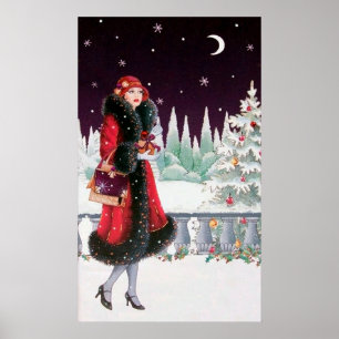 Poster retro da senhora do art deco do natal