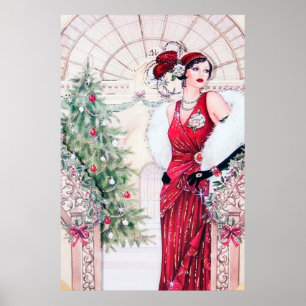 Poster retro da senhora do Natal do art deco do