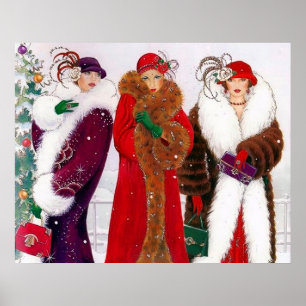 Poster retro das senhoras do Natal do art deco do