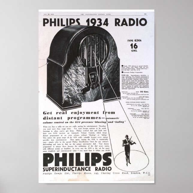 Poster Retro de anúncio de rádio Philips 1934 (Frente)