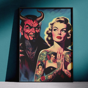 Póster Retro Diabólico Tatuado Pin-up
