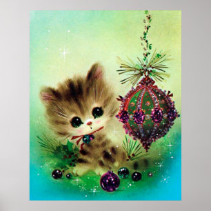 Poster retro do bulbo do Natal do gatinho do