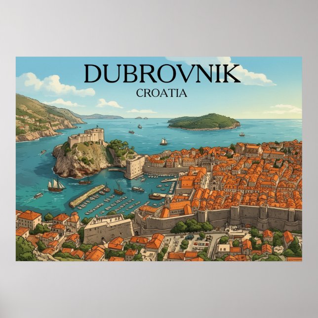 Poster Retro Dubrovnik Adriatic Coast Illustration Travel (Frente)