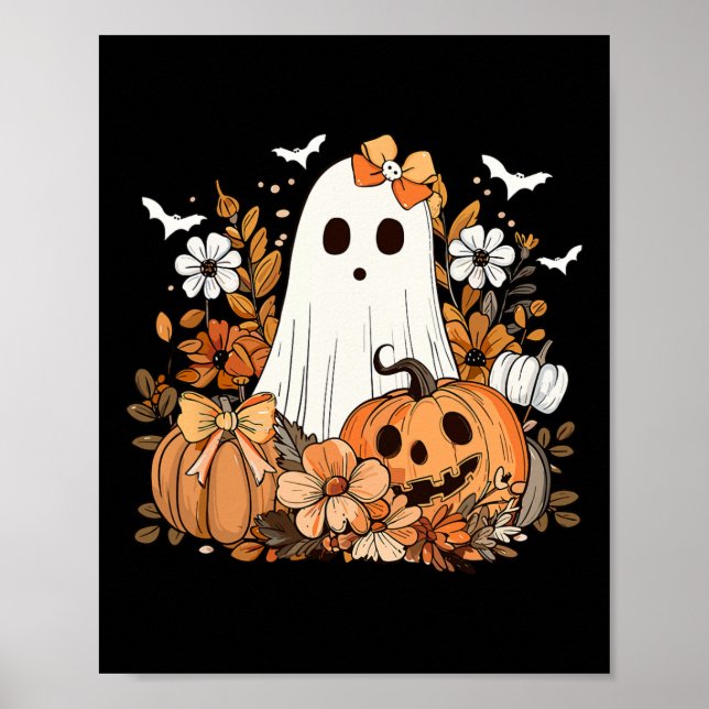 Poster Retro Fantasma Floral Cuja Pumpkin Autumn Hallowee (Frente)