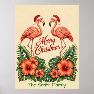 Poster Retro Flamingo de Natal da Família Personalizado d