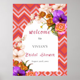 Poster Retro Floral Magenta Fuchsia Chá de panela Bem-vin