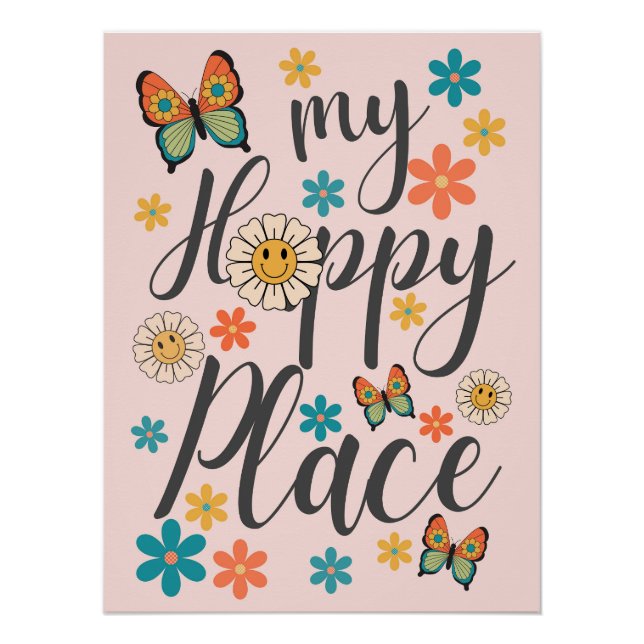 Póster Retro Flowers Butterfly Wall Poster Art  (Frente)