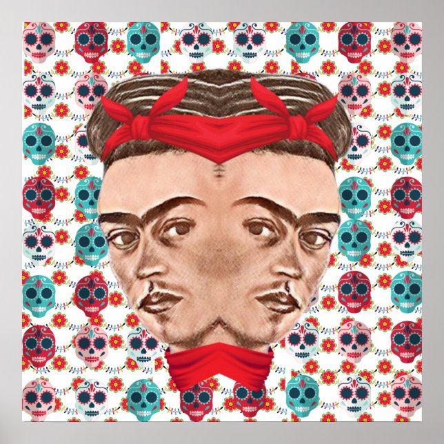 Poster Retro Frida Kahlo Padrão do Crânio Surreal de Açúc (Frente)