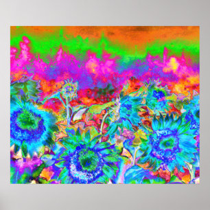 Poster Retro funky Blue Sunflowers