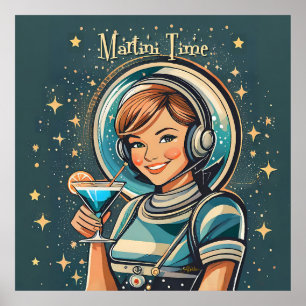 Poster Retro Futurista Garota Astro Tempo de Martini