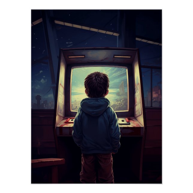 Póster Retro Gamer Boy na Máquina Arcade (Frente)