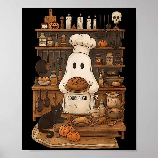 Poster Retro Ghost Baking Sourdough Halloween Chef B (Frente)