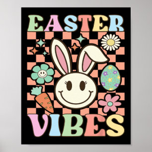Poster Retro Groovy Páscoa Vibes Bunny Checkered Smile Wo