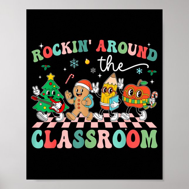 Poster Retro Groovy Teacher Christmas Rockin' Around The  (Frente)