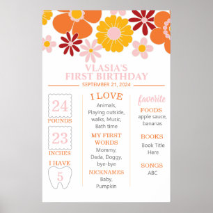 Poster Retro Groovy Um Floral Primeiro Aniversário Marco