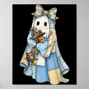 Poster Retrô Halloween Fantasma de Denim Azul Dachshund E