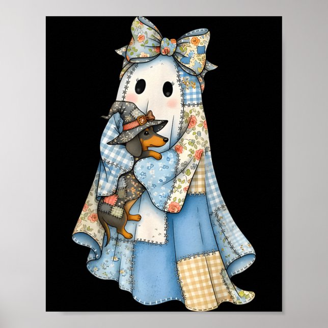 Poster Retrô Halloween Fantasma de Denim Azul Dachshund E (Frente)
