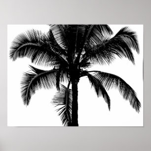 Póster Retro Hawaiian Tropical Palm Tree Silhouette Black