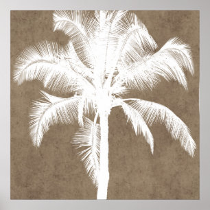 Poster Retro Hawaiian Tropical Palm Tree Silhouette White