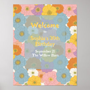 Poster Retro Hippie Floral Birthday Bem-vindo