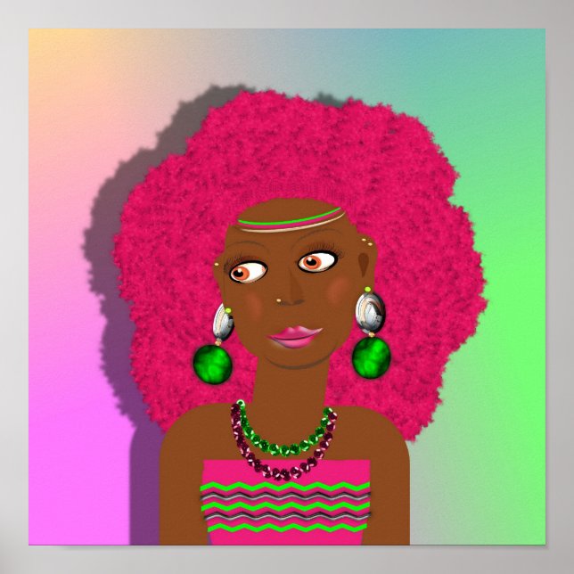 Póster Retro Hippy Psychedelic Disco Diva Pink Afro Girl (Frente)