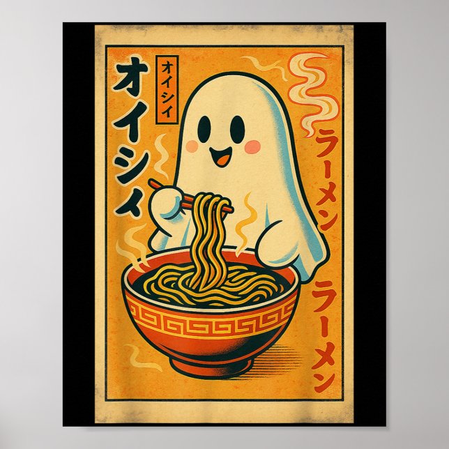 Poster Retro Japonês Ghost Eating Ramen Kawaii Art (Frente)