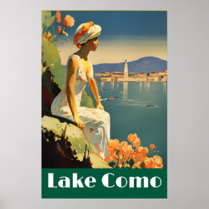 Poster Retro Lago de Como Itália Viagem Romântico à Beira