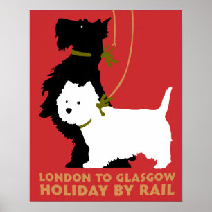 Póster Retro London e Glasgow de trem, cachorros terriers