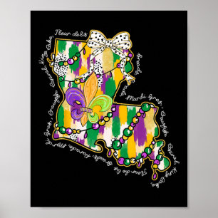 Poster Retro Louisiana Mapa Mardi Gras Coquette Fat Tu