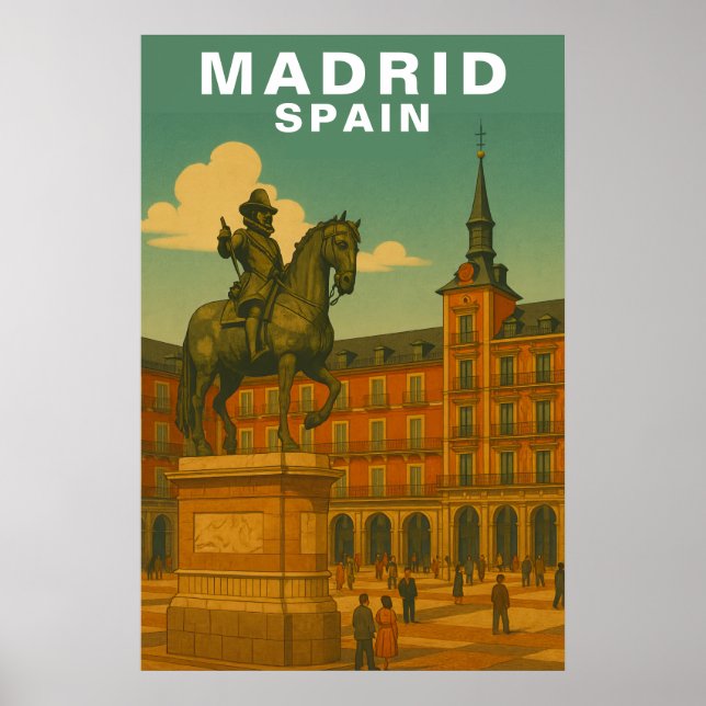 Poster Retro Madrid, Espanha Praça Histórica da Cidade (Frente)