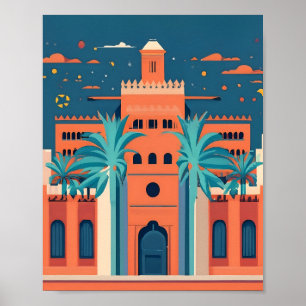 Poster Retro Marrakech Marrocos Landscape Flat Vetor Art