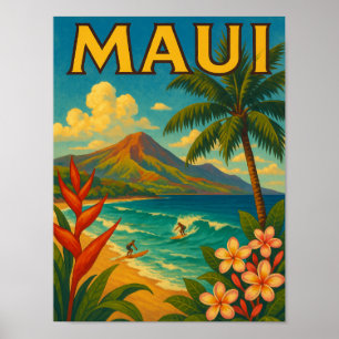 Poster Retro Maui Hawaii Surfer Paradise Viagem