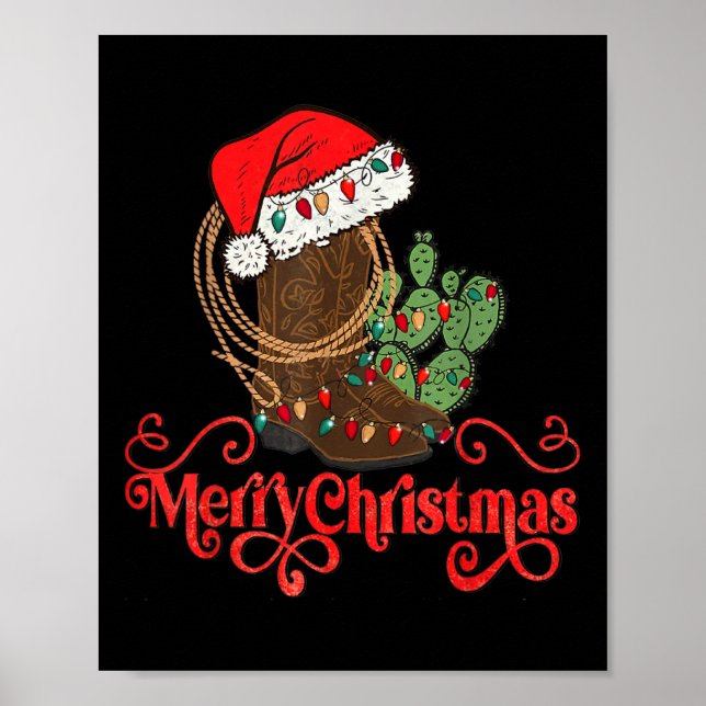 Poster Retro Merry Xmas Santa Hat Cowboy Boots Western Ch (Frente)