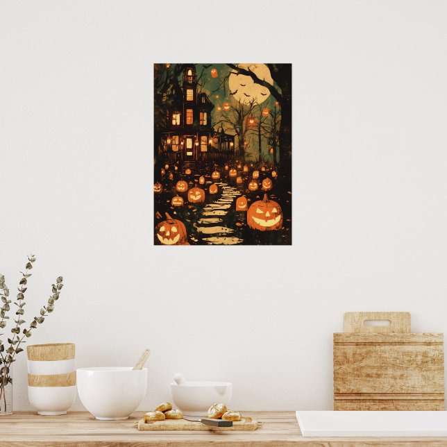 Poster Retro Moonlit Haunted House Pathway (Cozinha)