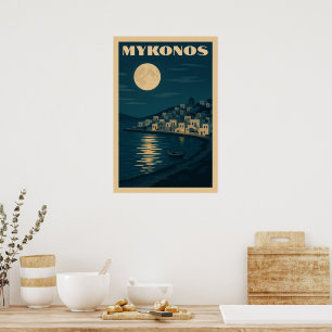 Poster Retro Mykonos Moon Vintage Art Style Viagem