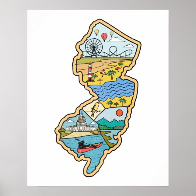 Poster Retro New Jersey Cape May Atlantic City Souvenir (Frente)