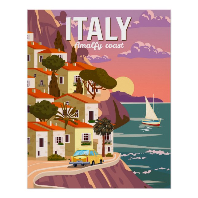 Póster Retro Poster Italy, Mediterranean romantic view (Frente)