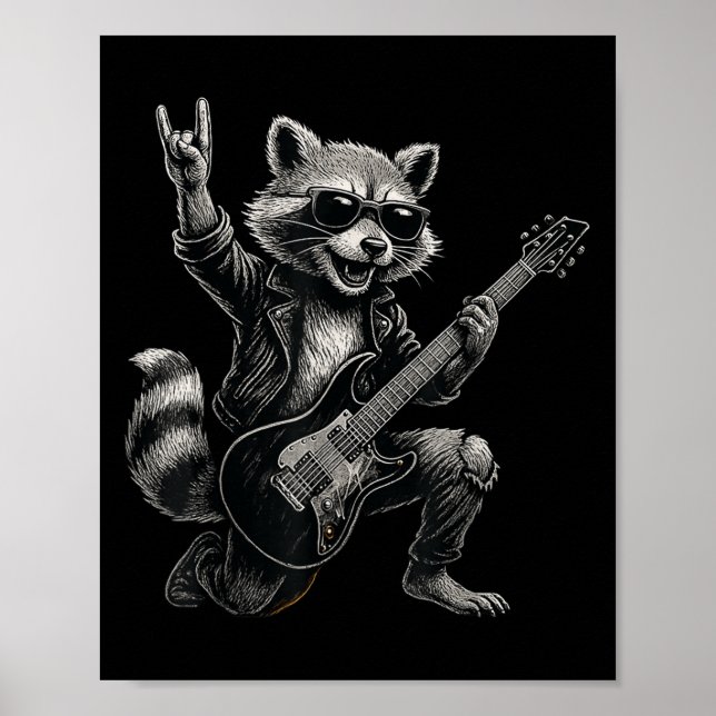 Poster Retro Raccoon Rock Music Gift Men Crianças Mulhere (Frente)