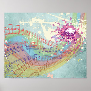 Póster Retro Rainbow e Music Notes em uma Textura Shabby