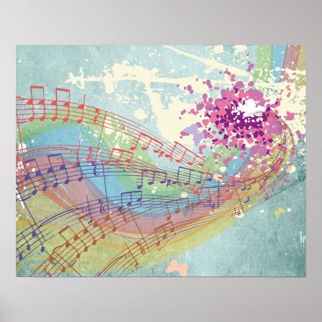 Póster Retro Rainbow e Music Notes em uma Textura Shabby (Frente)