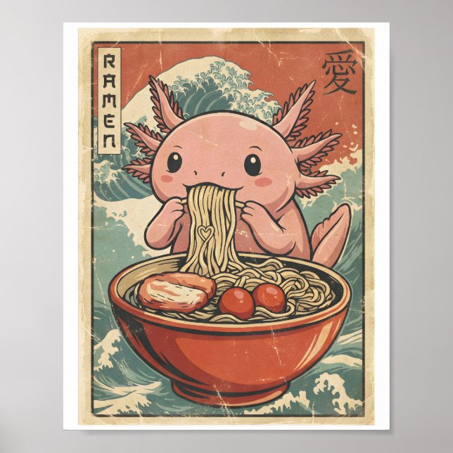 Poster Retro Ramen Axolotl Japanese Food Art Kawaii (Frente)