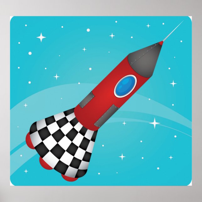 Poster Retro Red Rocket Ship in Space Galactic (Frente)