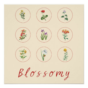 Póster Retro Red Vintage Hibiscus e Lily Blossom