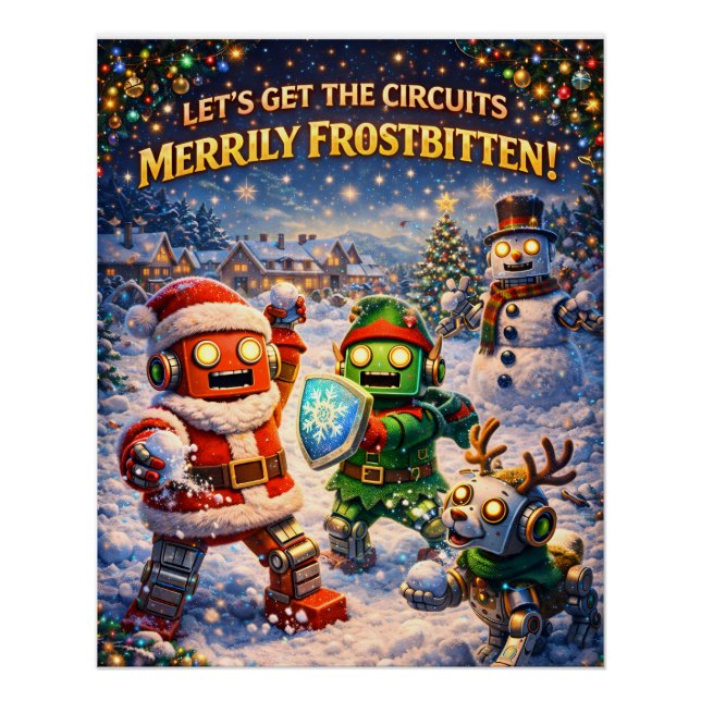 Póster Retro robot Christmas snowball fight greeting (Frente)