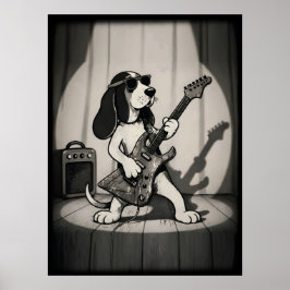 Poster Retro Rockstar Basset Hound Guitarrista Monocromát