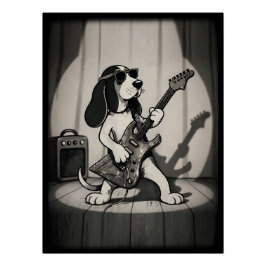 Póster Retro Rockstar Basset Hound Guitarrista Monocromát