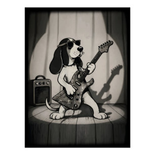 Póster Retro Rockstar Basset Hound Guitarrista Monocromát