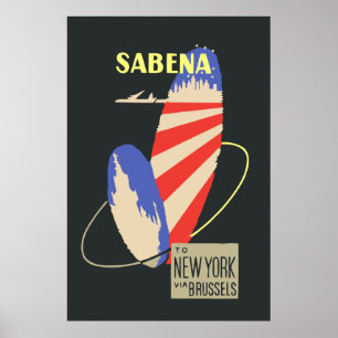 Poster Retro Sabena Airlines a Nova Iorque via Bruxelas