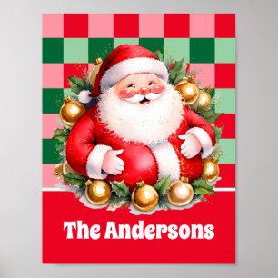Poster Retro Santa Claus Tartan Xadrez Natal