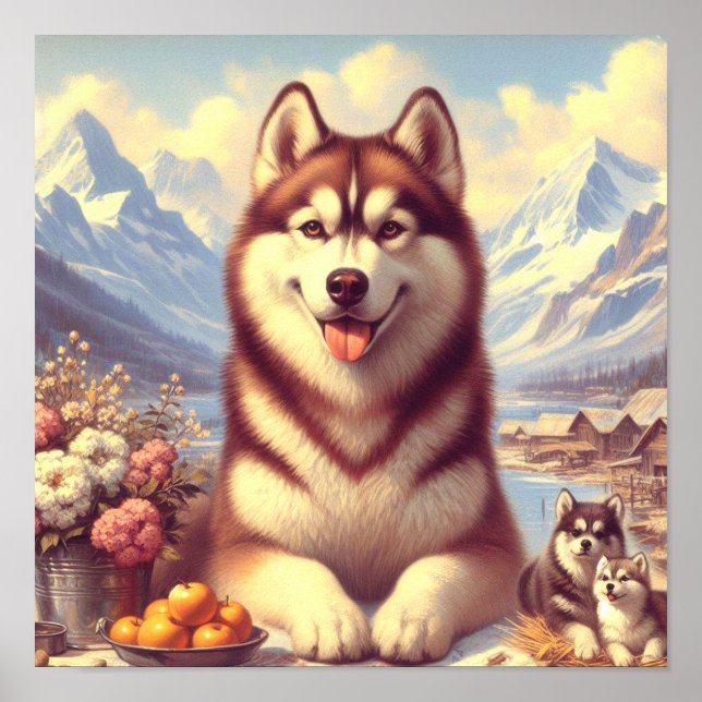 Poster Retro Siberian Husky Pintura (Frente)